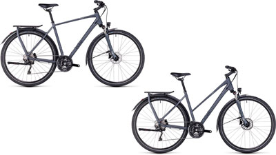 Deux vélos Cube Kathmandu EXC, l'un avec un cadre diamant et l'autre avec un cadre trapèze