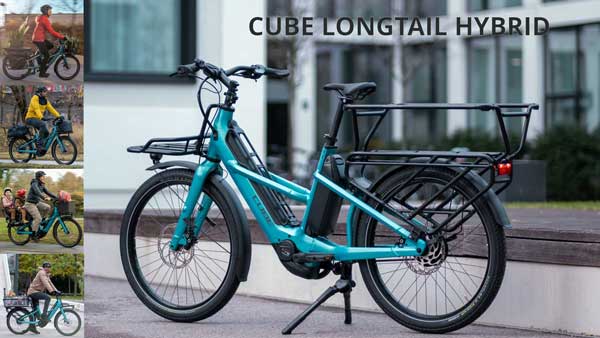 On peut voir un petit collage intitulé «Cube Longtail Hybrid . Il représente le vélo cargo bleu Cube dans différentes situations.