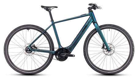 On peut voir un vélo électrique bleu Cube Editor Hybrid SLT.
