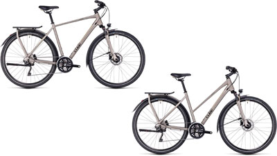 Deux vélos Cube Kathmandu PRO, l'un avec un cadre diamant et l'autre avec un cadre trapèze