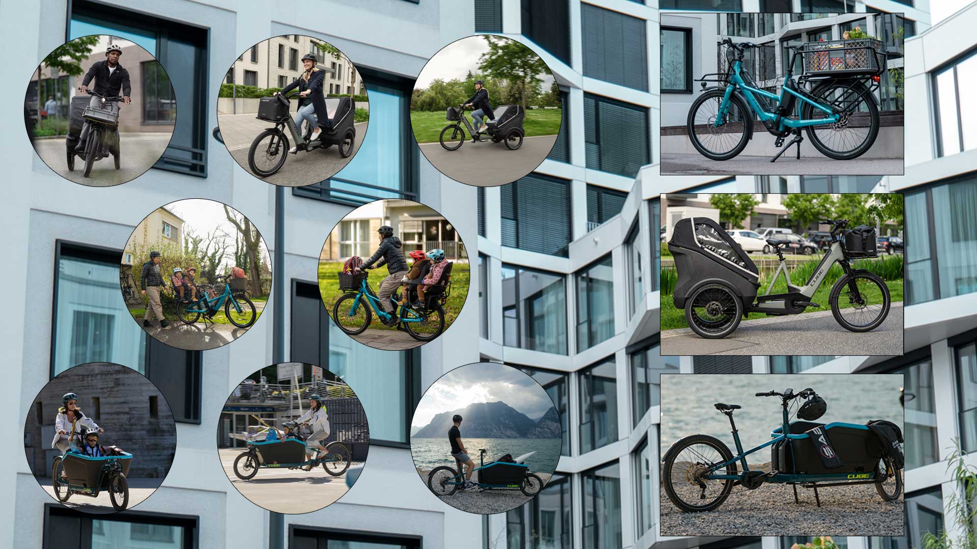 On peut voir un collage d'images représentant différentes situations dans lesquelles un vélo cargo est utilisé. Cela permet d'illustrer les différentes possibilités d'utilisation d'un vélo cargo.