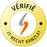 On voit un logo rond de la IT-Recht-Kanzlei en jaune et blanc avec l’inscription VÉRIFIÉ.