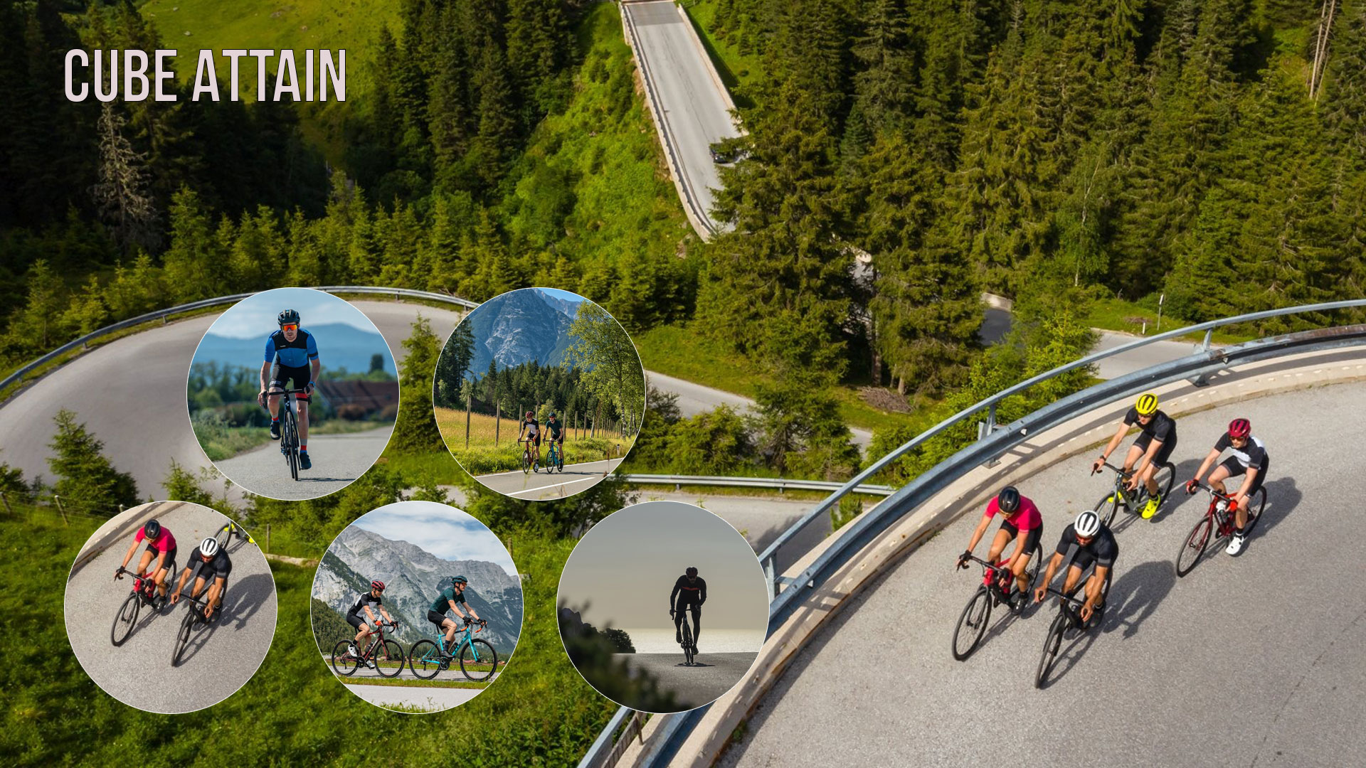 Bannière avec l'inscription Cube Attain. Quatre cyclistes roulent sur une voie rapide avec des vélos de course Cube Attain. Cinq images circulaires les montrent également sur des voies rapides.