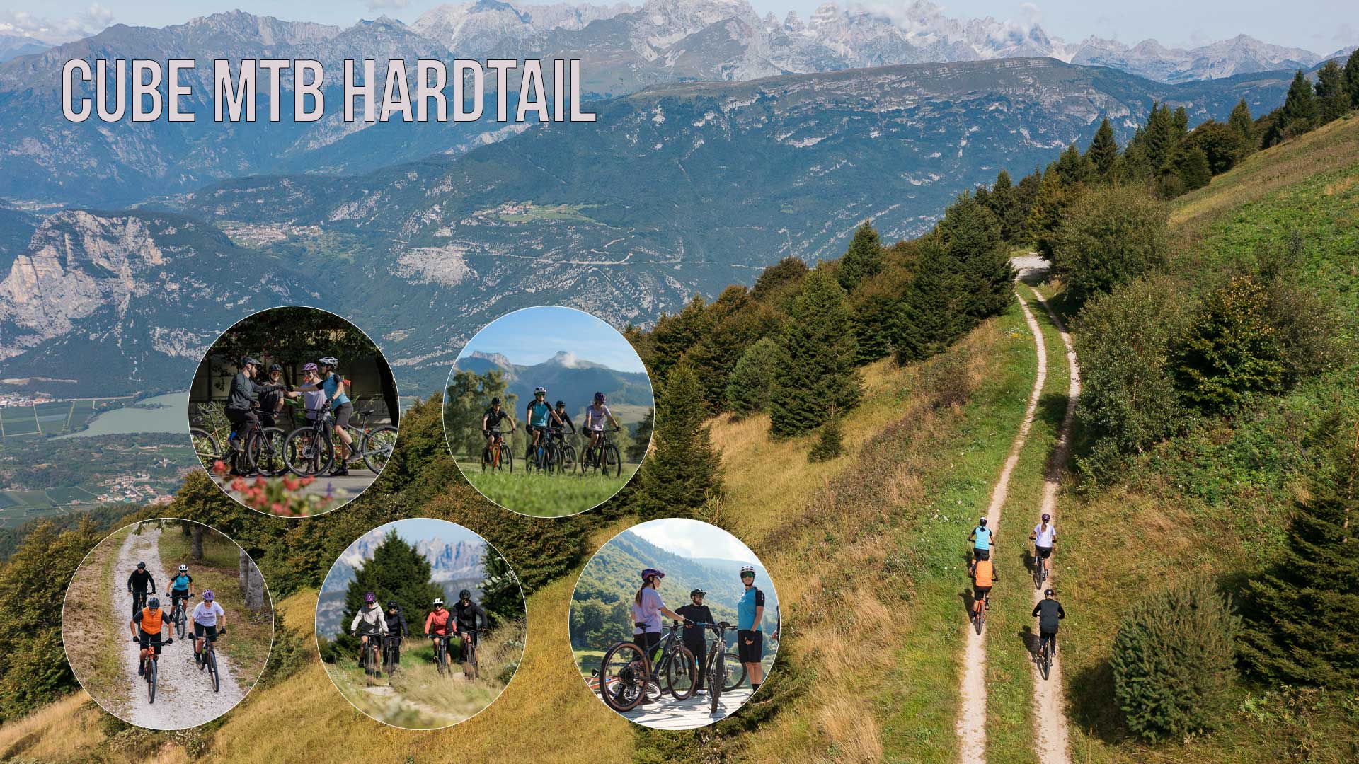 On voit un collage intitulé Cube Mtb Hardtail, sur lequel apparaissent des groupes de personnes faisant du vélo ensemble.