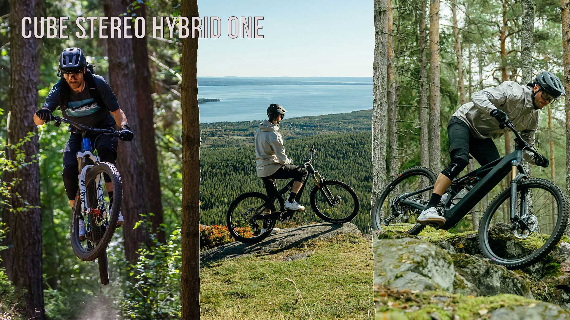 On voit un collage intitulé Cube Stereo Hybrid ONE, sur lequel plusieurs cyclistes roulent dans un paysage boisé.