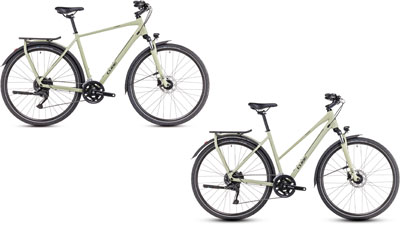 Deux vélos Cube Kathmandu ONE, l'un avec un cadre diamant et l'autre avec un cadre trapèze