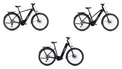 On peut voir trois vélos électriques Cube Kathmandu Hybrid noirs, chacun avec un cadre diamant, un cadre trapèze et un cadre à enjambement bas.