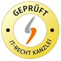 On voit un logo rond de la IT-Recht-Kanzlei en jaune et blanc avec l’inscription « CVG VÉRIFIÉES ».