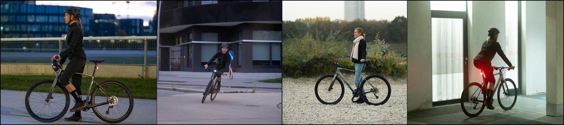 Bannière avec quatre images d'une cycliste avec un vélo Cube Nulane dans différentes situations sur la route.