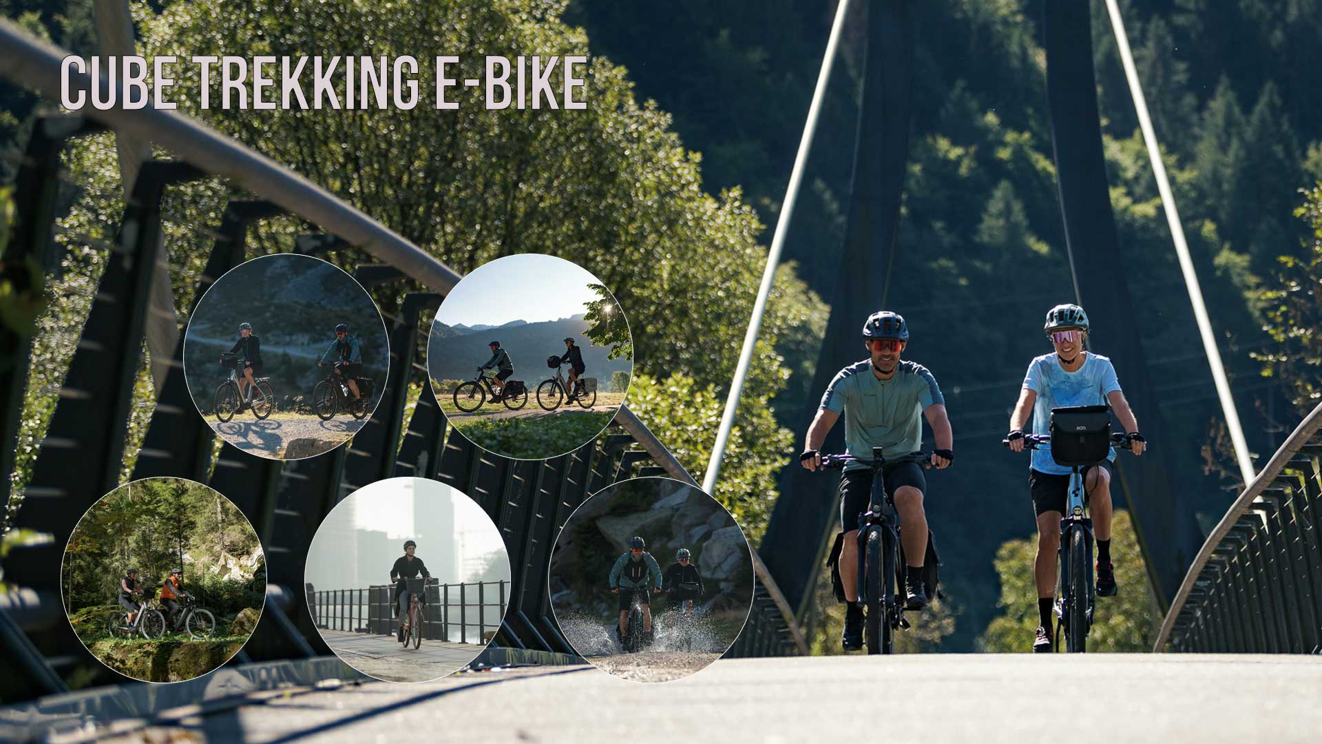 On peut voir un collage intitulé « Cube Trekking E-Bike ». Il représente plusieurs cyclistes roulant à travers différents paysages.