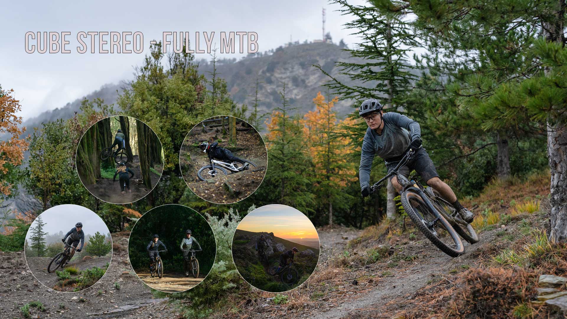 Bannière intitulée Cube Stereo – Fully MTB. Cinq images circulaires montrent deux cyclistes dans la forêt avec leurs vélos tout terrain Cube Stereo tout suspendu. L'un des cyclistes porte un casque intégral, l'autre un casque de vélo classique.