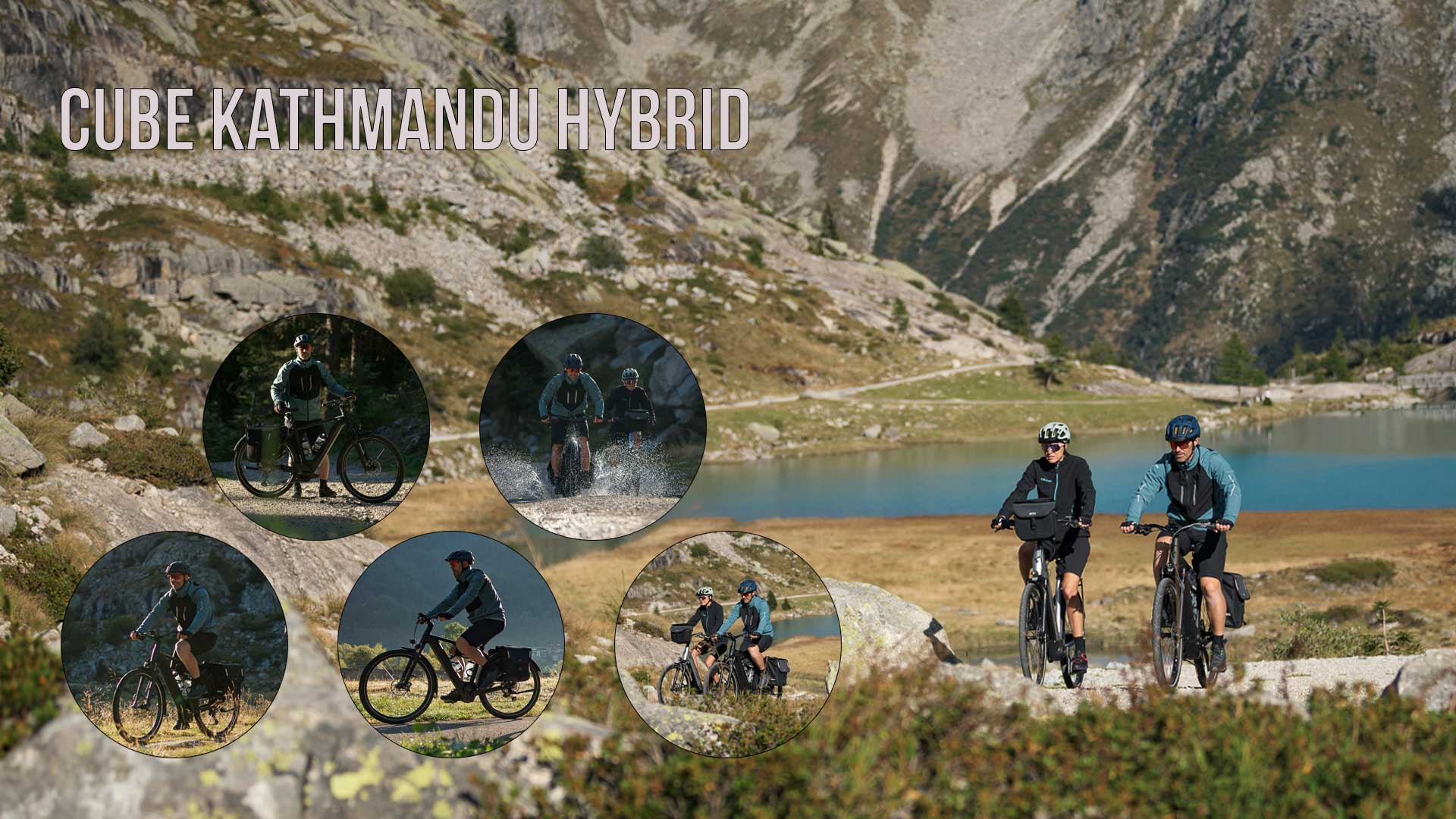 On peut voir un collage intitulé Cube Kathmandu Hybrid, sur lequel figurent plusieurs photos de cyclistes avec le Cube Kathmandu Hybrid dans un paysage montagneux.