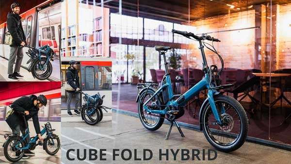 On peut voir un petit collage intitulé Cube Fold Hybrid. Il représente le vélo pliable bleu Cube dans différentes situations quotidiennes.