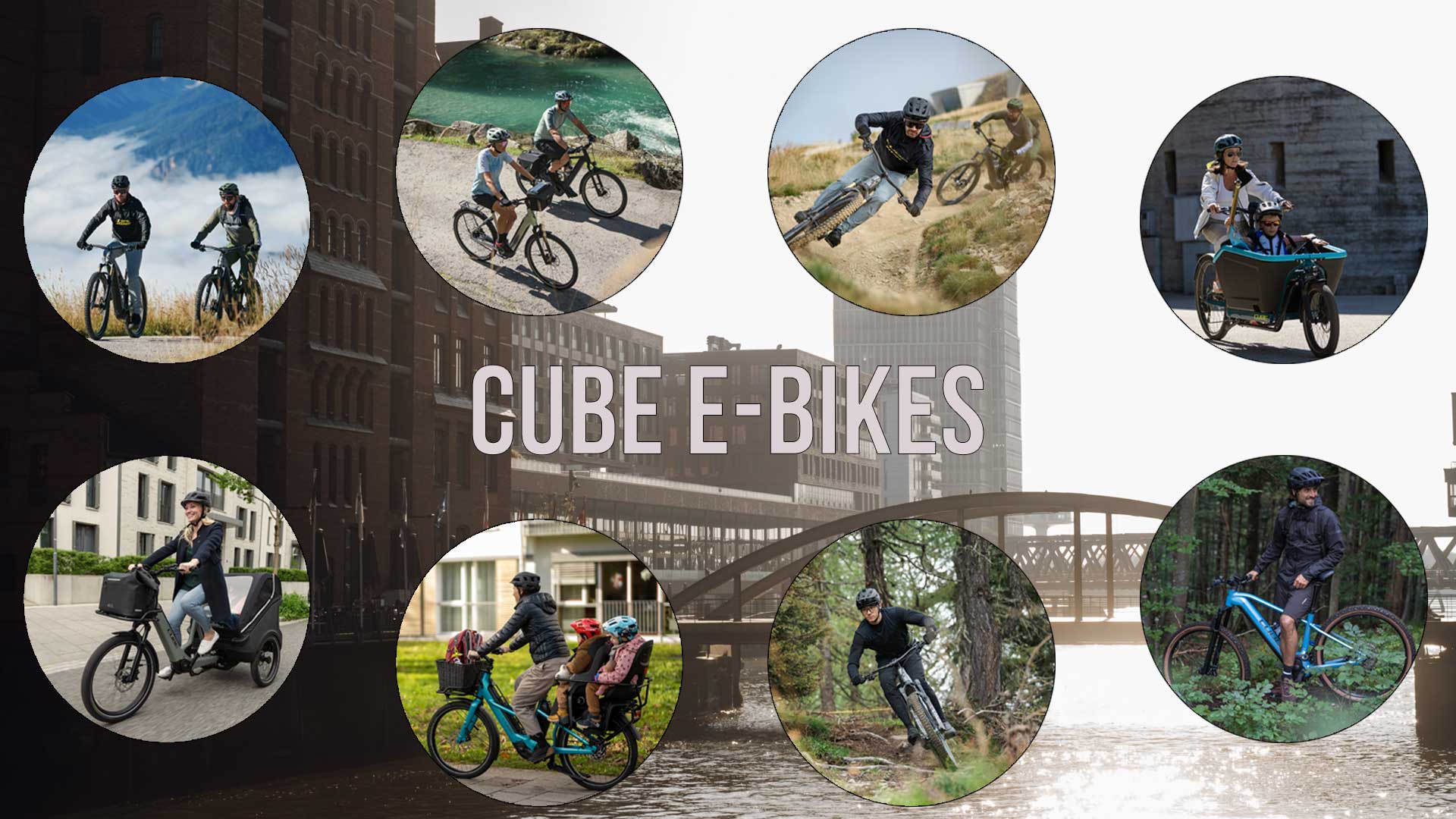 On voit un collage intitulé Cube E-Bikes . Il représente des cyclistes sur des vélos électriques dans différentes situations.
