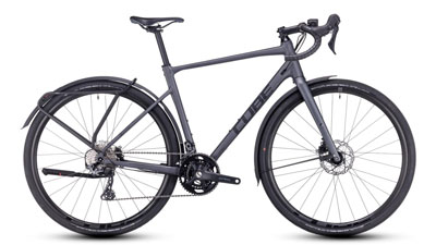Vélo gravel Cube Nuroad Race FE en gris foncé.