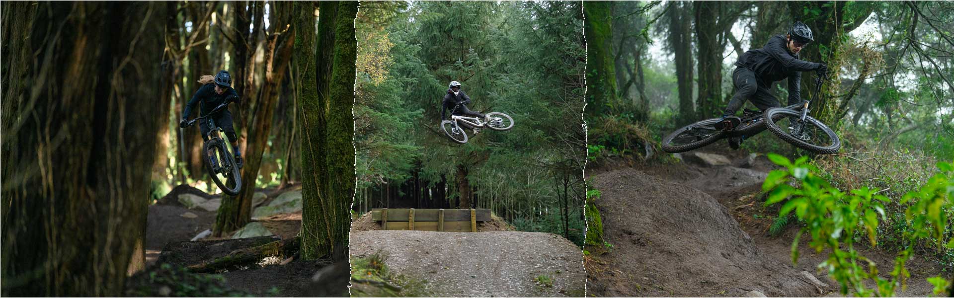 Bannière avec transitions déchirées. À gauche, une femme saute dans la forêt avec un vélo tout terrain Cube Stereo Fully. Au centre, un cycliste avec un casque intégral effectue un saut en hauteur. À droite, un autre saut avec un vélo tout terrain Cube Stereo.