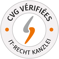 On voit un logo rond de la IT-Recht-Kanzlei en jaune et blanc avec l’inscription « CVG VÉRIFIÉES ».
