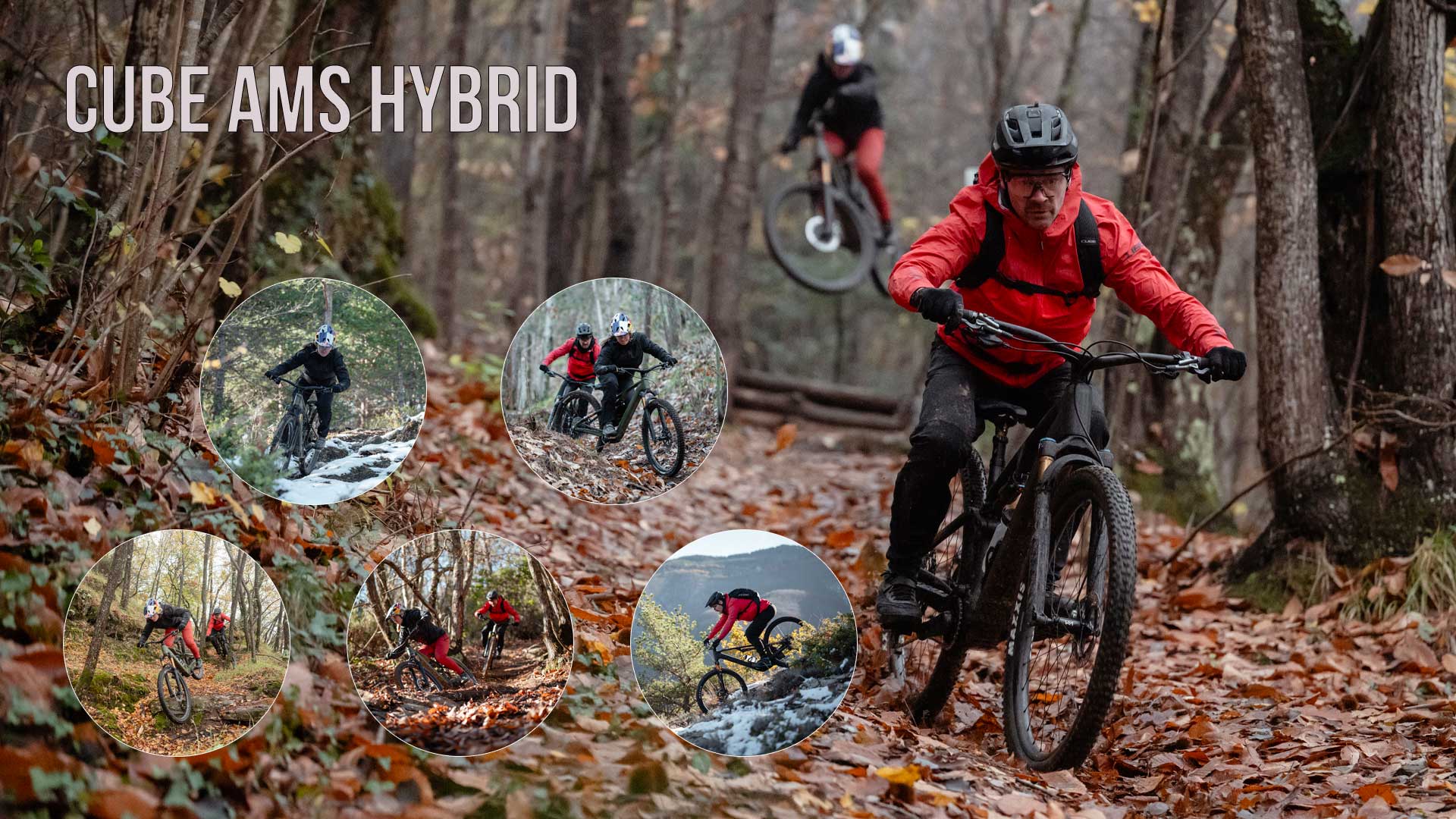 On voit un collage intitulé Cube AMS Hybrid. Il représente plusieurs cyclistes roulant dans les bois.