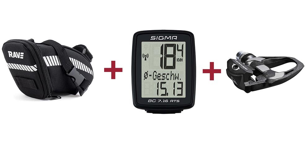 RAVE Sacoche de selle Strap L + Sigma Ordinateur de vélo BC 7.16 ATS + Shimano Pédale DURA-ACE PD-R9100