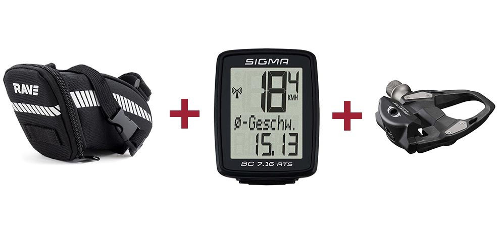 RAVE Sacoche de selle Strap L + Sigma Ordinateur de vélo BC 7.16 ATS + Shimano Pédale 105 PD-R7000