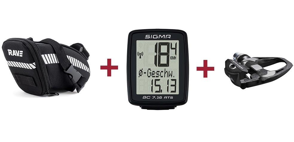 RAVE Sacoche de selle Strap L + Sigma Ordinateur de vélo BC 7.16 ATS + Shimano Pédale ULTEGRA PD-R8000