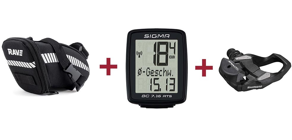 RAVE Sacoche de selle Strap L + Sigma Ordinateur de vélo BC 7.16 ATS + Shimano Pédale PD-RS500